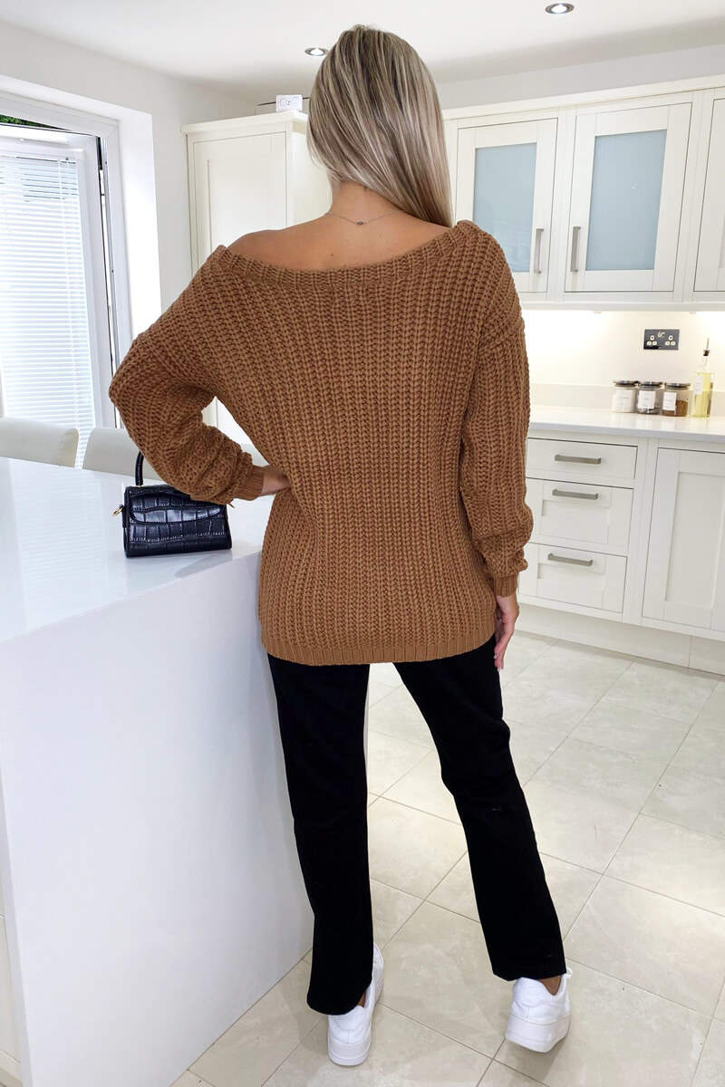 Camel Off The Shoulder Chunky Knit Jumper - Swimclubus