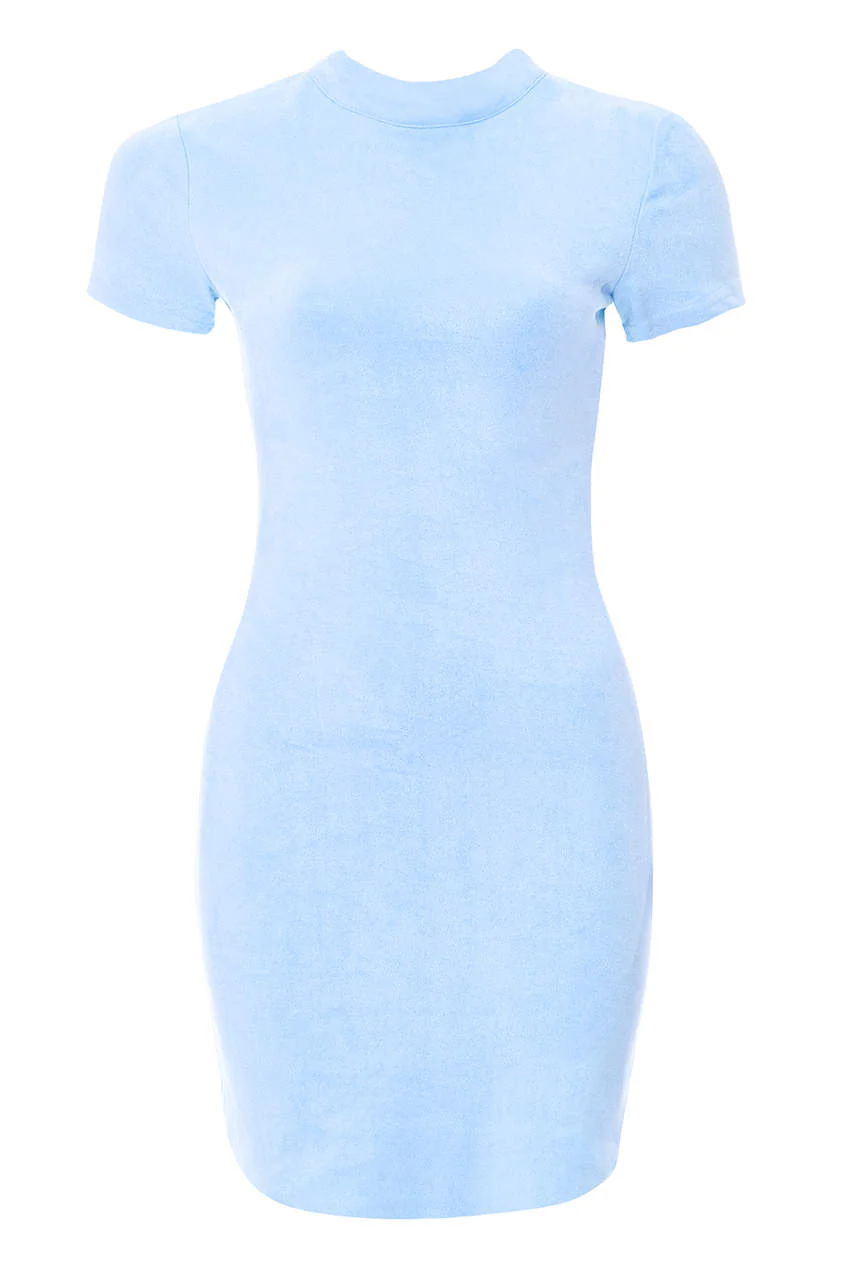 Blue Faux Suede Mini Dress With High Neck - Swimclubus