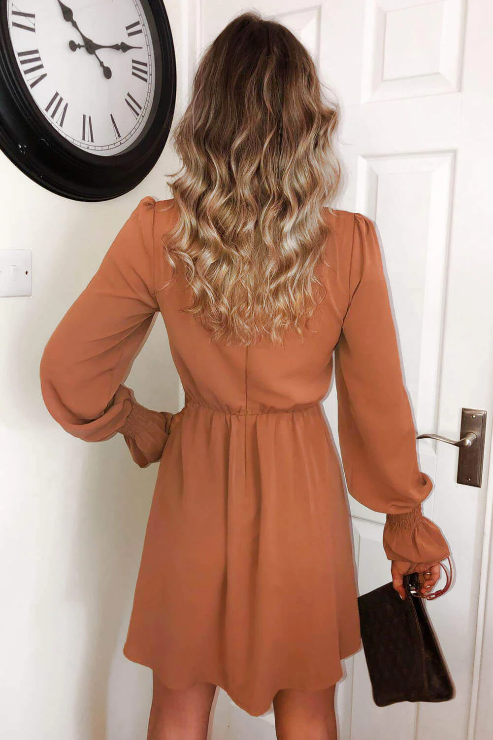 Camel Long Sleeve Skater Dress - Swimclubus