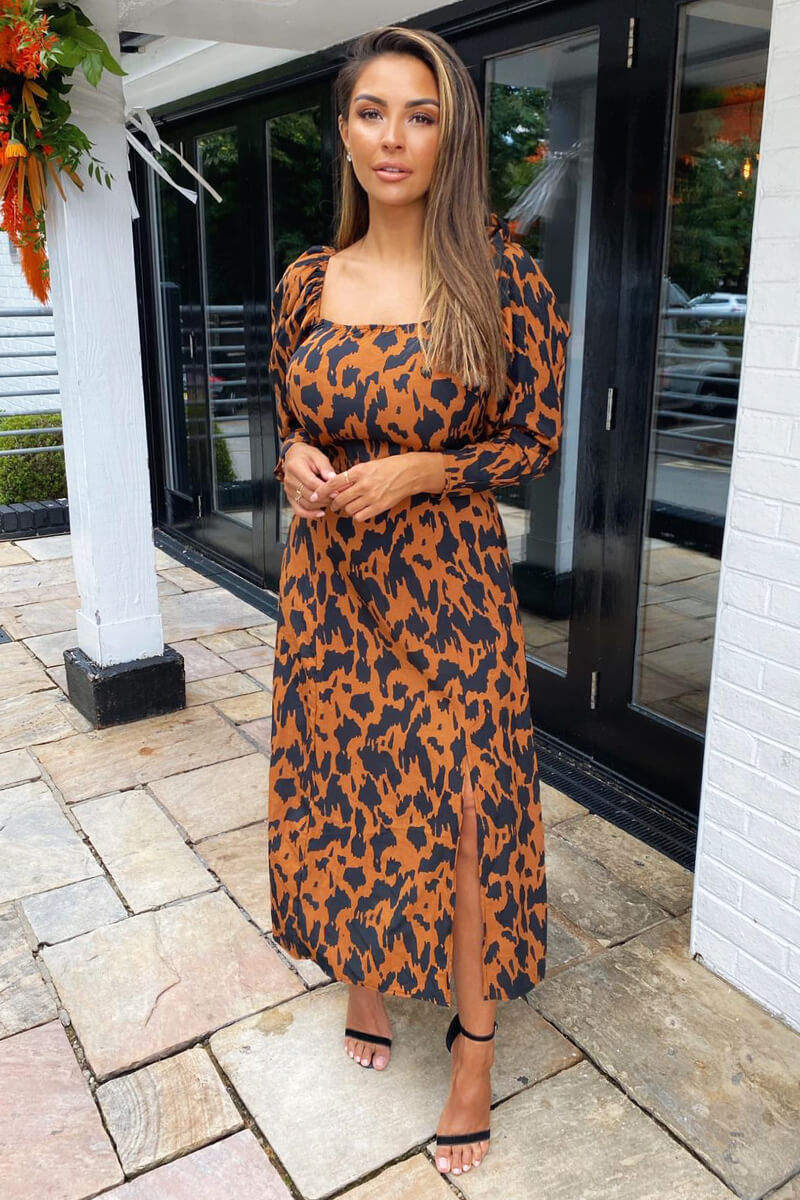 Camel Animal Print Square Neck Midi Dress - Swimclubus