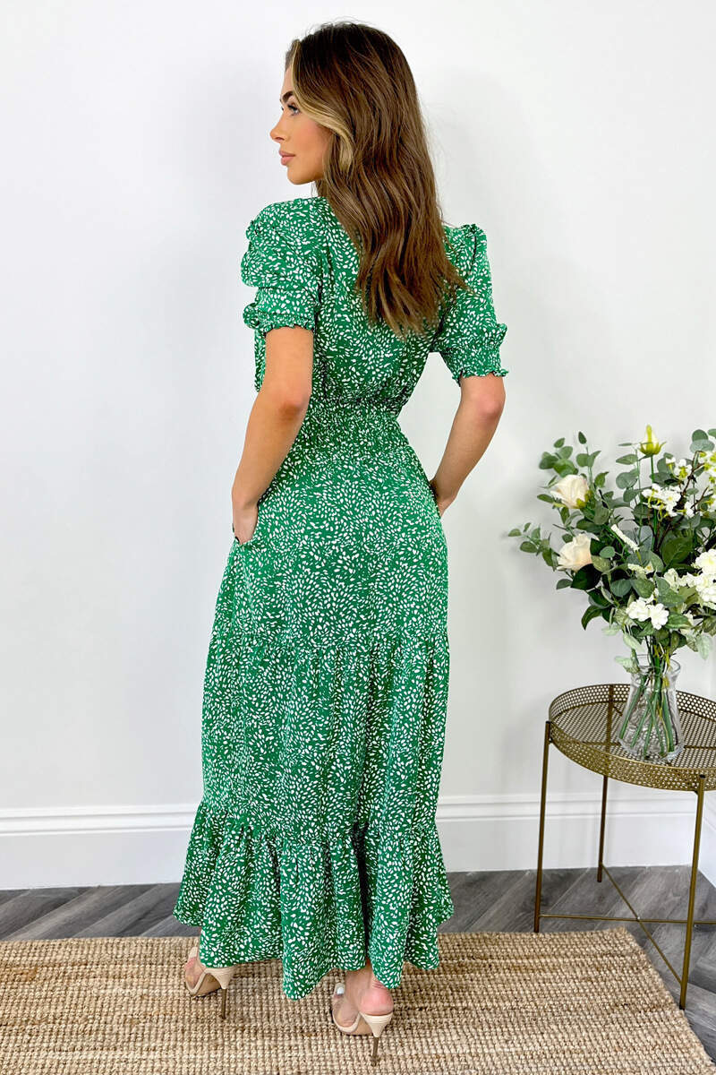 Green And White Printed Shirred Waist Smock Dress - Swimclubus