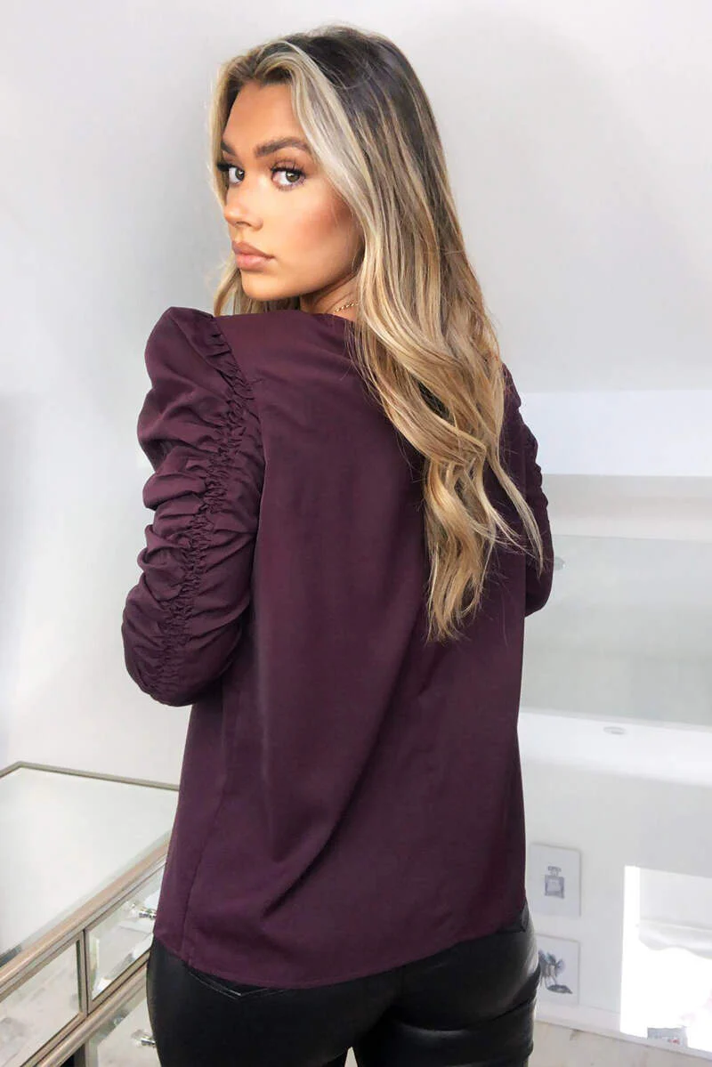 Plum Ruched Sleeve Top - Swimclubus