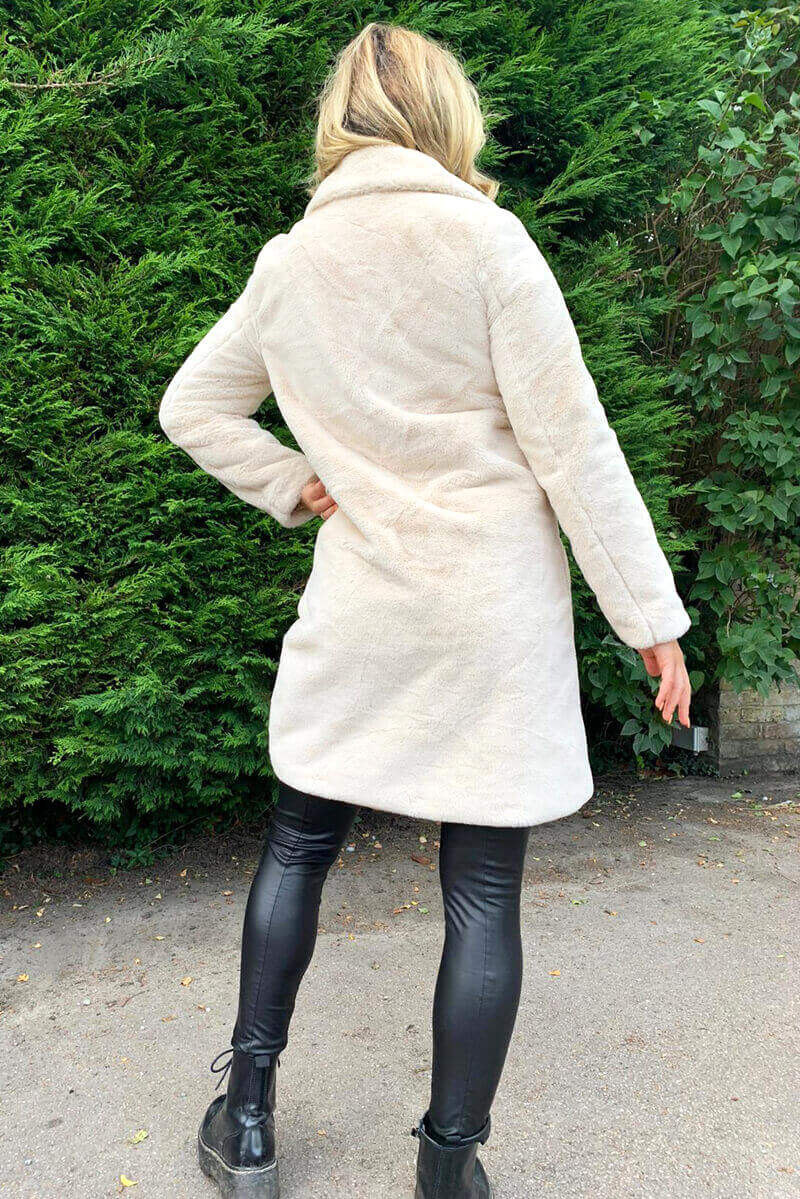 Cream Long Faux Fur Coat - Swimclubus