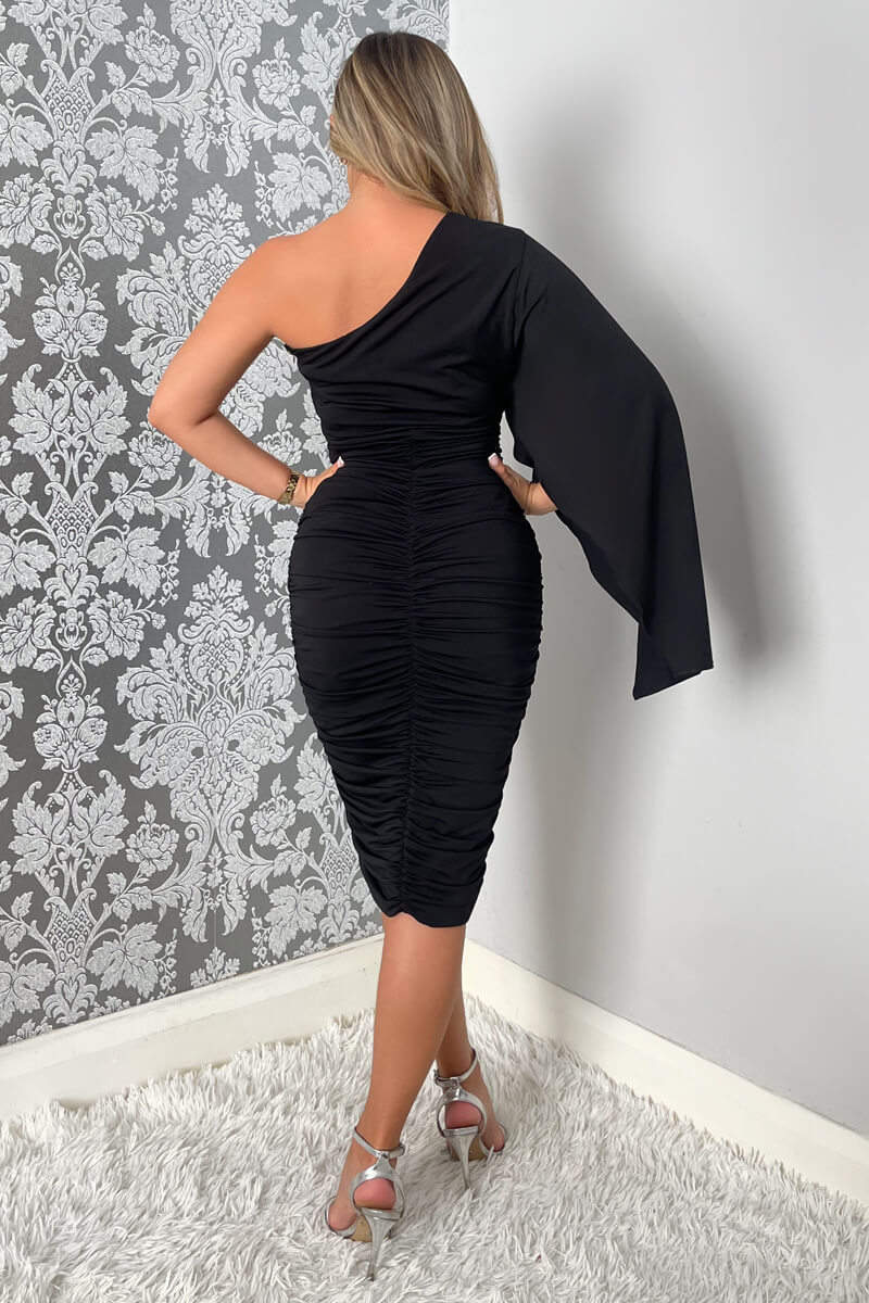 Black Drape Sleeve Bodycon Midi Dress - Swimclubus