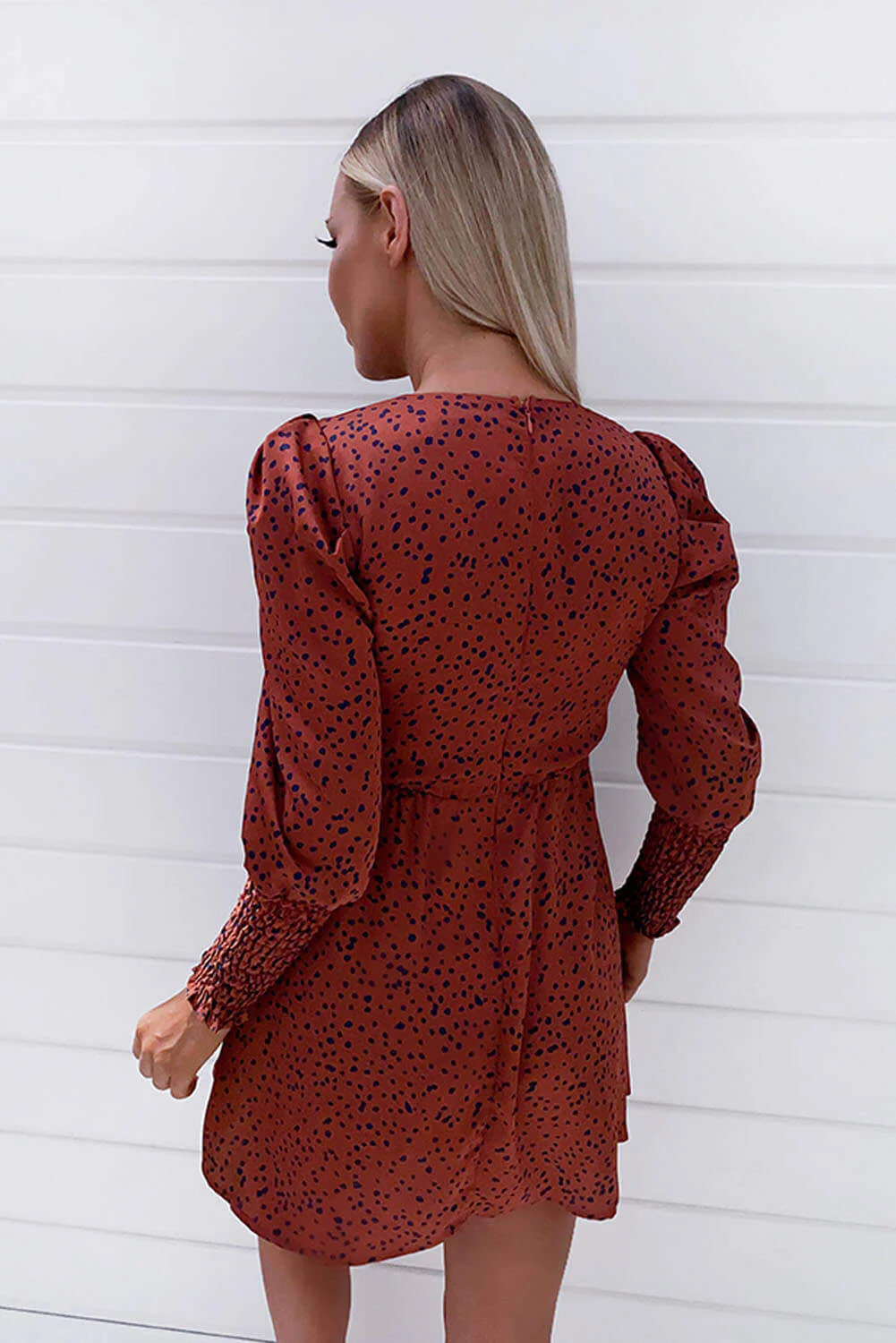 Rust Spotty Skater Puff Sleeve Dress - Swimclubus