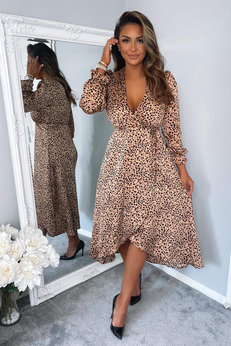 Red Animal Print Tie Side Wrap Over Midi Dress - Swimclubus