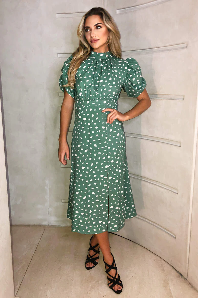 Green Printed Ruched Short Sleeve Midi Dress - Swimclubus