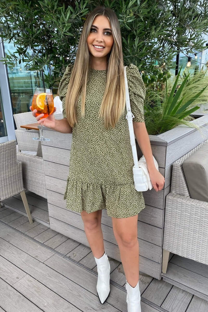 Olive Ditsy Leaf Print Shift Dress - Swimclubus