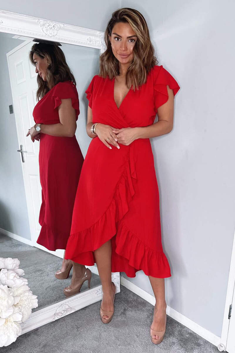 Red Wrap Over Frill Hem Short Sleeve Midi Dress - Swimclubus