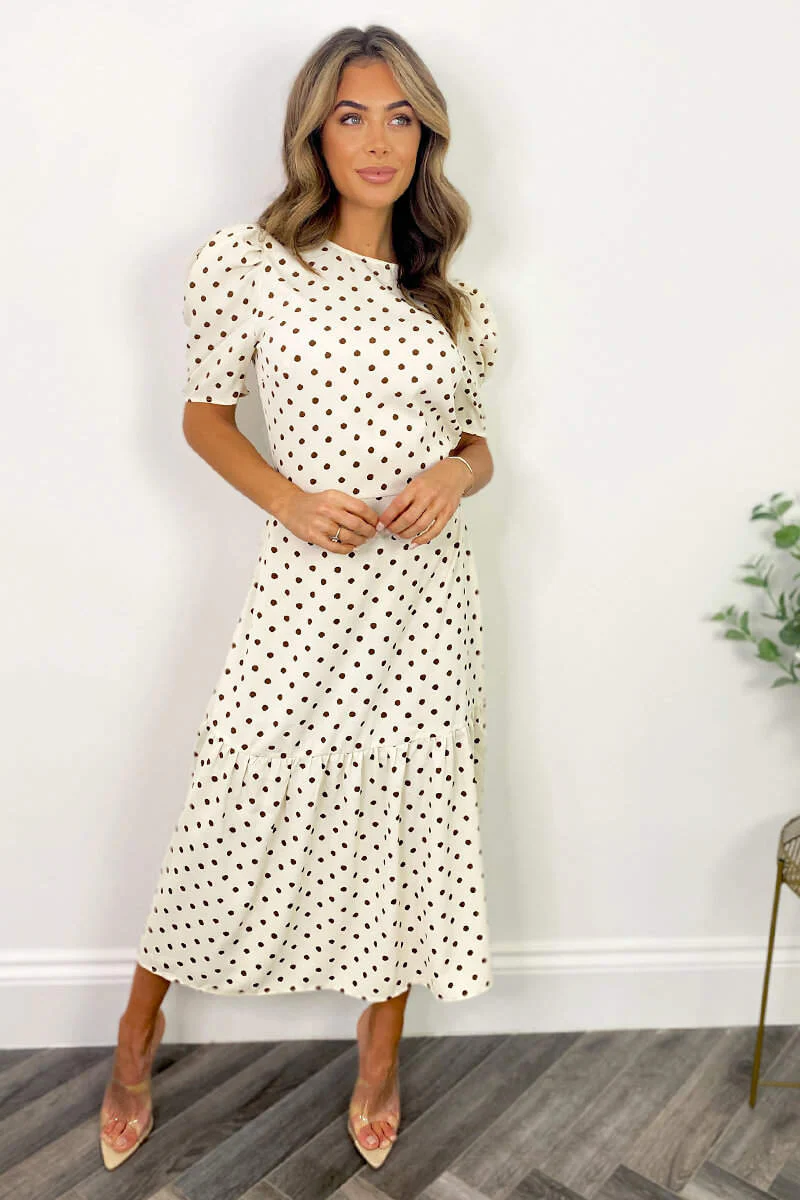 Cream And Brown Polka Dot Midi Smock Dress - Swimclubus