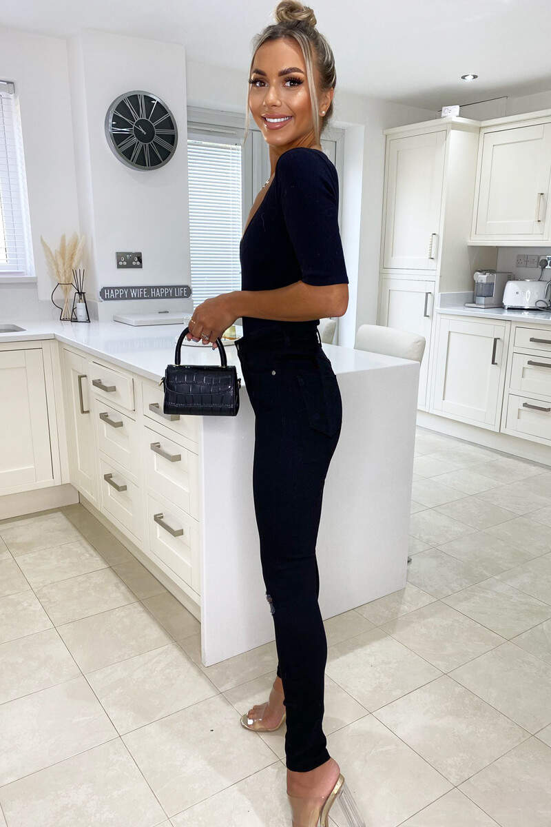 Black Ripped Knee Skinny Jeans - Swimclubus