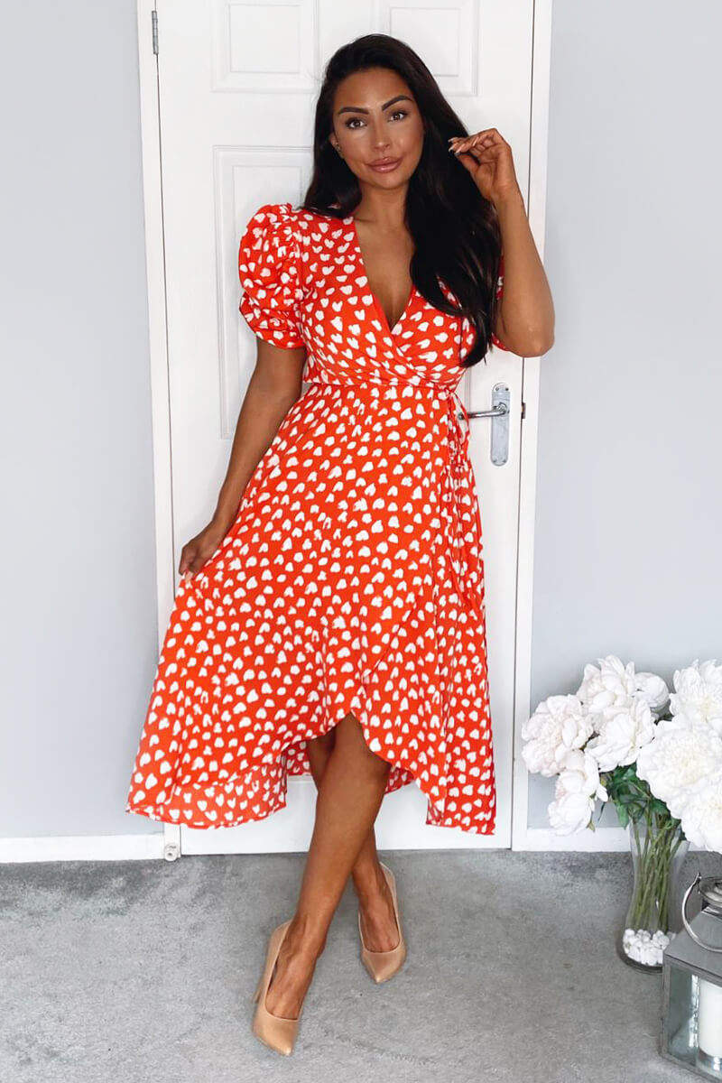Red Heart Printed Wrap Midi Dress - Swimclubus