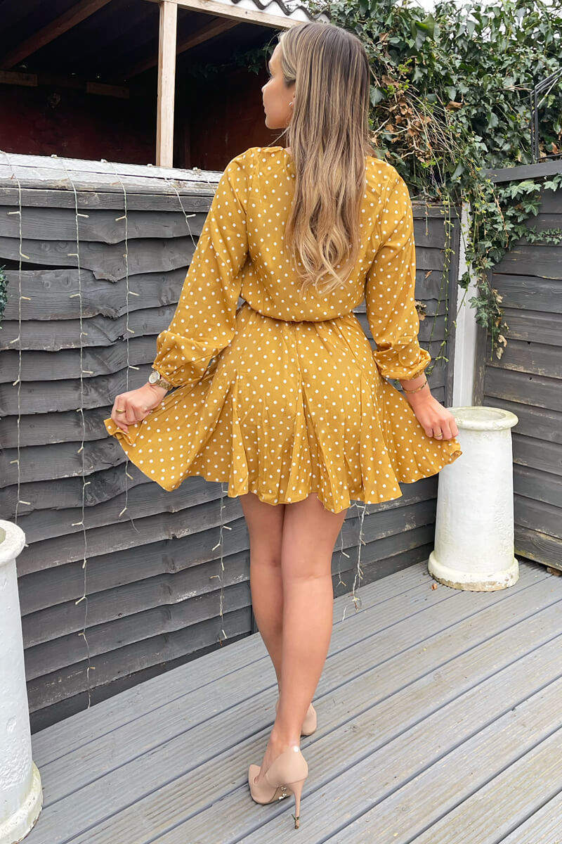Mustard Polka Dot Long Sleeve Skater Dress - Swimclubus