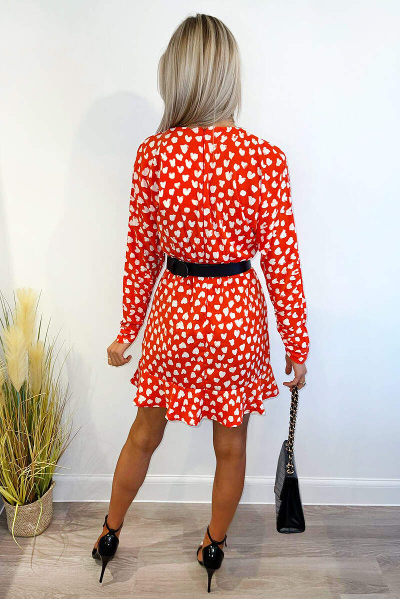 Red Heart Print Long Sleeve Wrap Skater Dress - Swimclubus