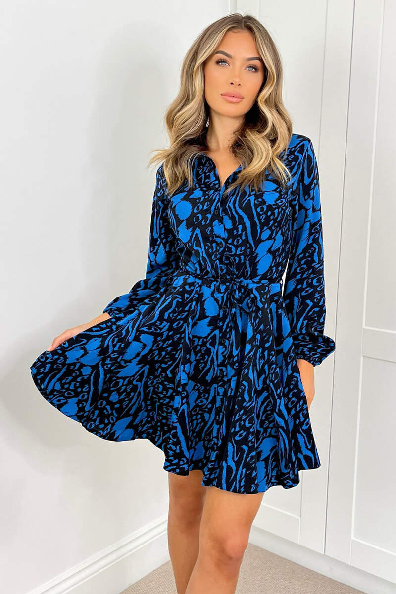 Blue and Black Printed Tie Waist Shirt Dress - Swimclubus