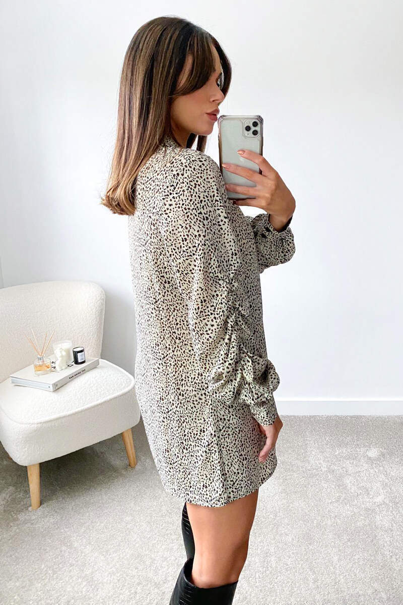 Cream Animal Printed Button up Shirt Dress - Swimclubus