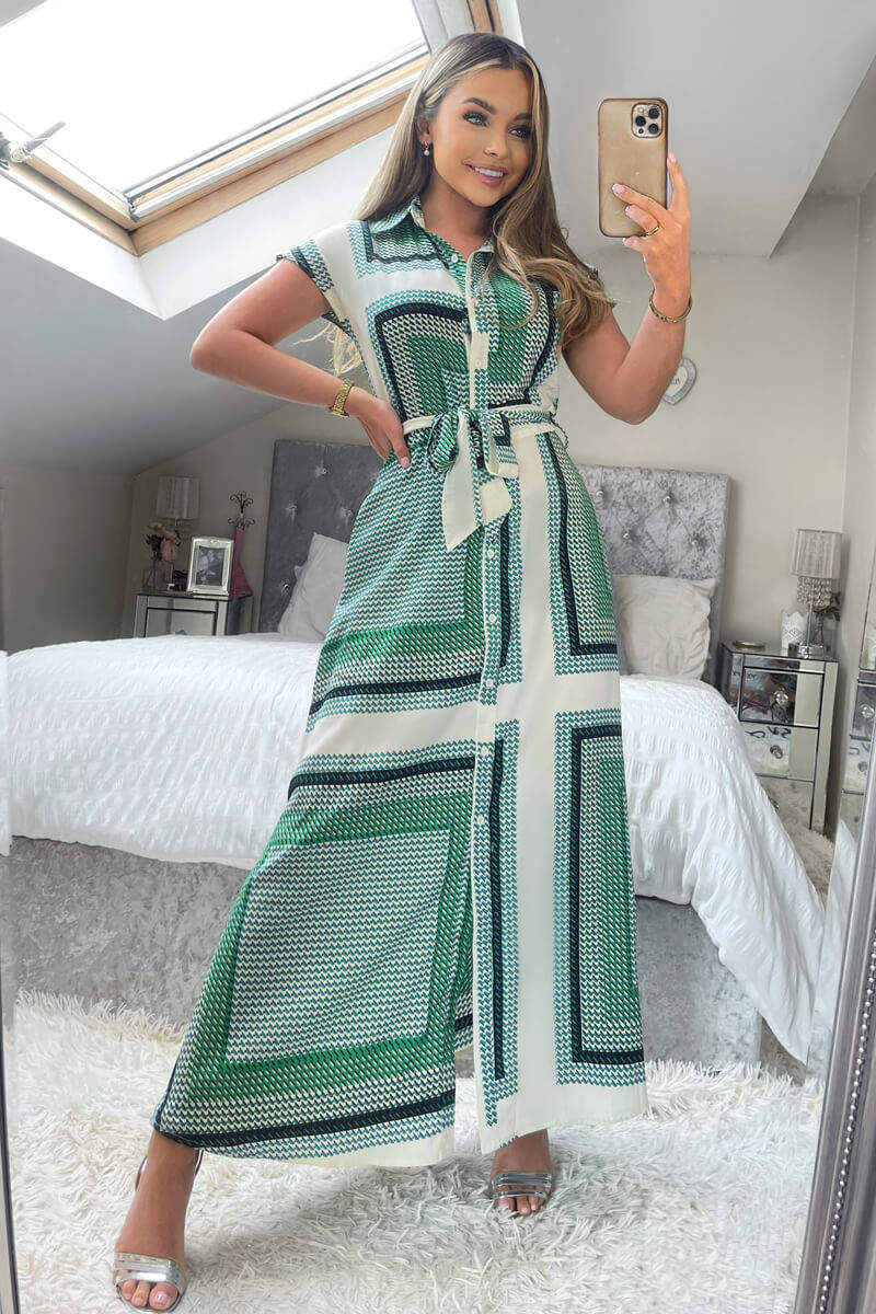 Green Printed Tie Waist Button Up Midi Dress - Swimclubus