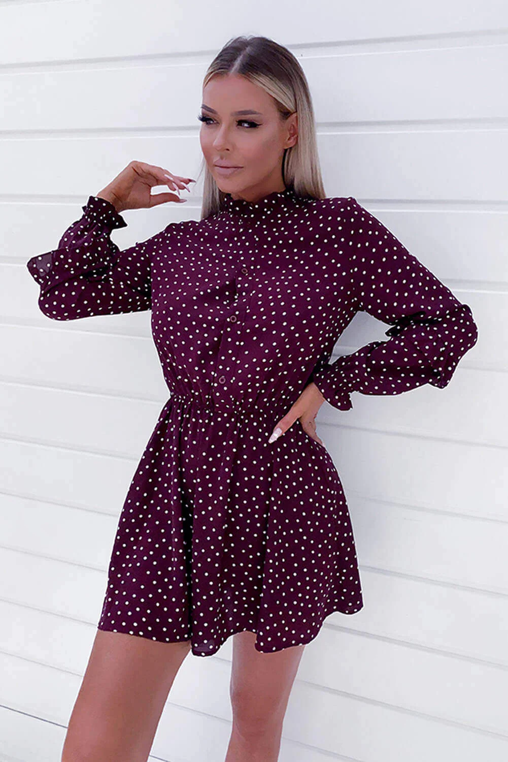 Plum Polka Dot Frill Shirt Dress - Swimclubus