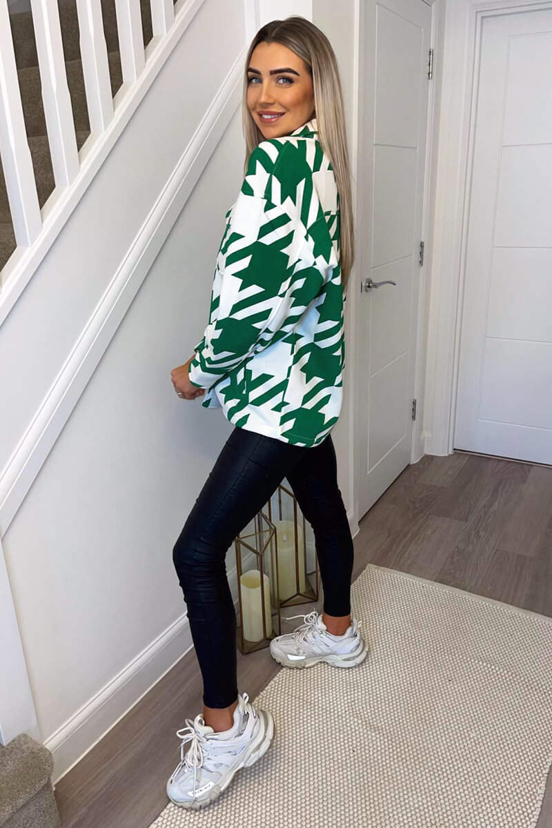 Jade Green Large Dogtooth Print Shirt Jacket - Swimclubus