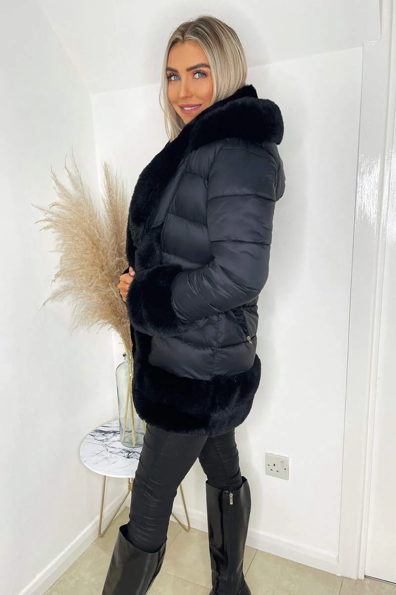 Black Faux Fur Trim Belted Jacket - Swimclubus