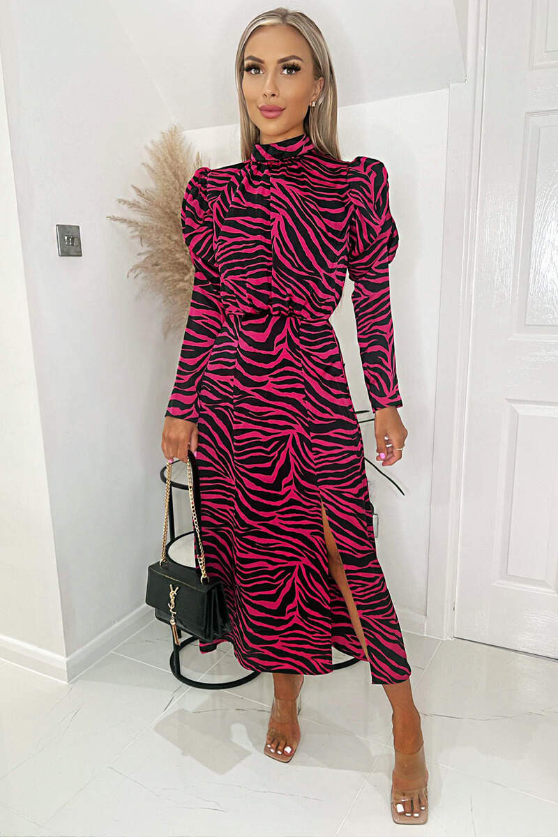 Pink Zebra Print Long Puff Sleeve Midi Dress - Swimclubus