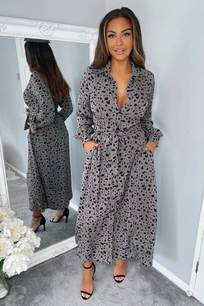 Grey Printed Button Up Midi Dress - Swimclubus