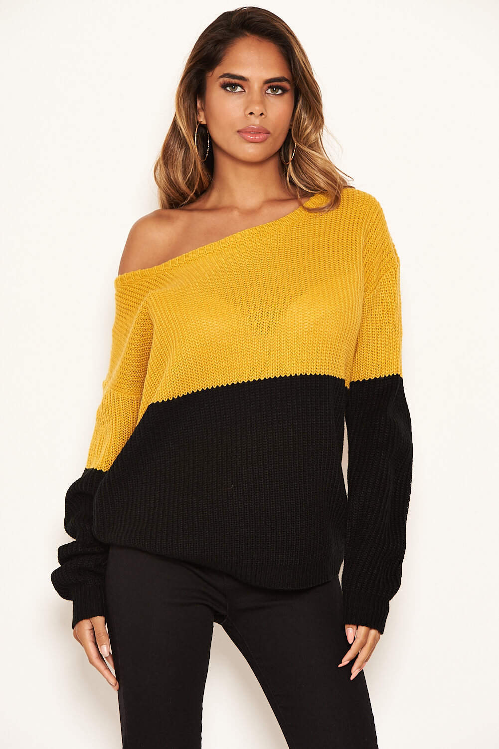 Mustard and Black Off Shoulder Knit Jumper - Swimclubus