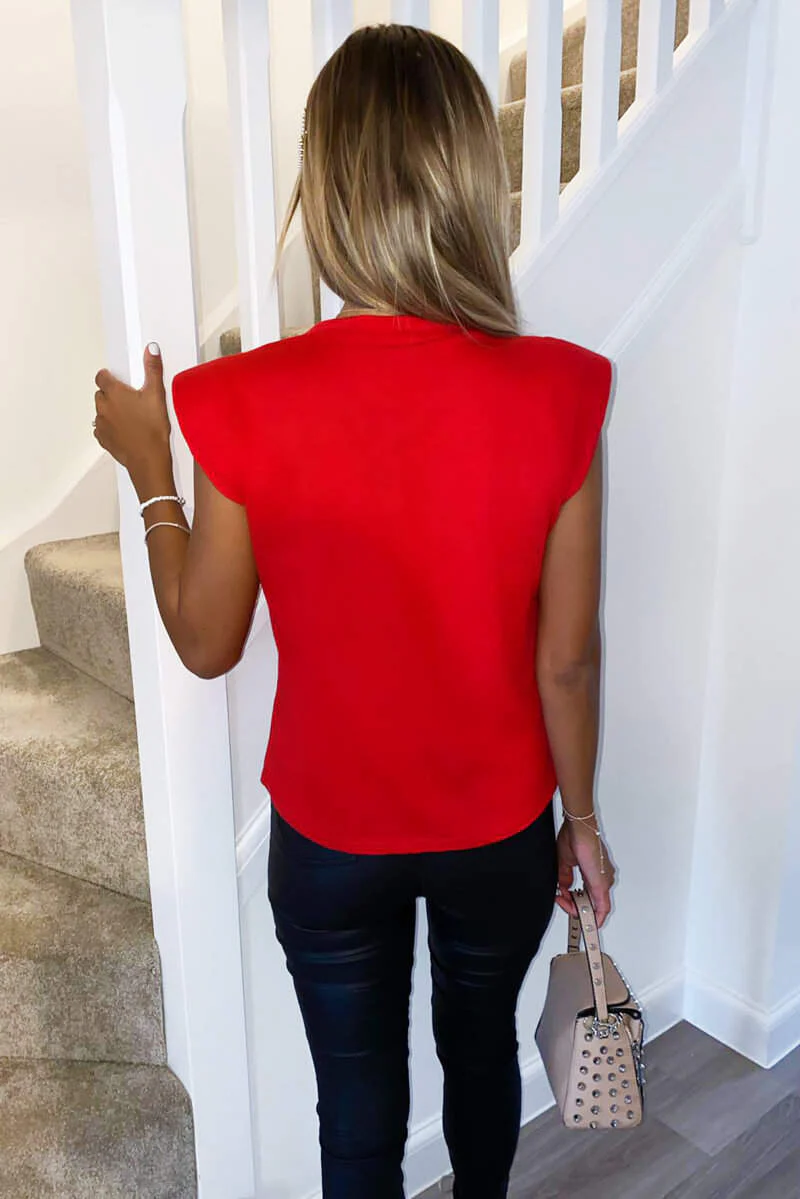 Red Padded Shoulder Sleeveless T-Shirt - Swimclubus