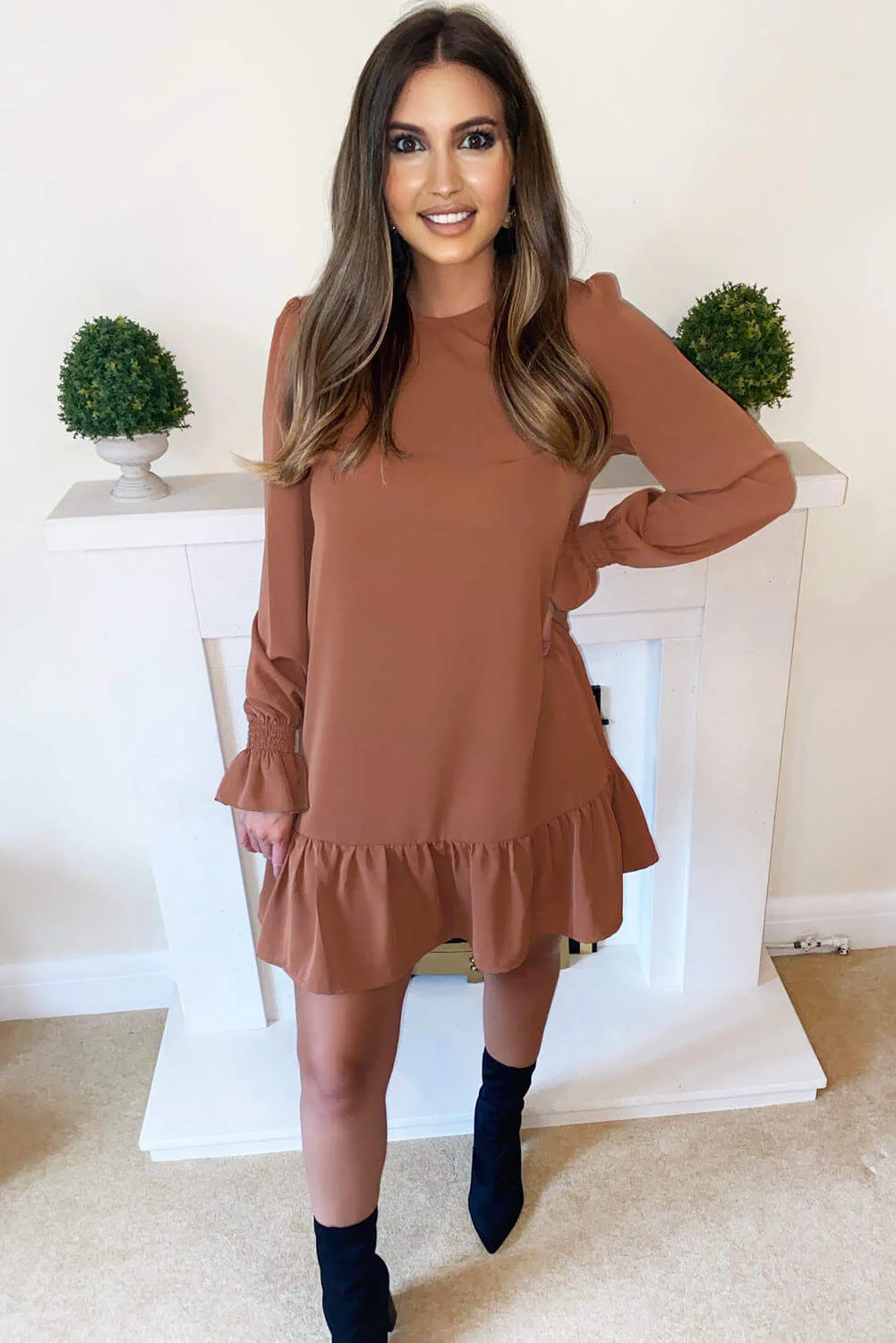 Camel Long Sleeve Frill Shift Dress - Swimclubus