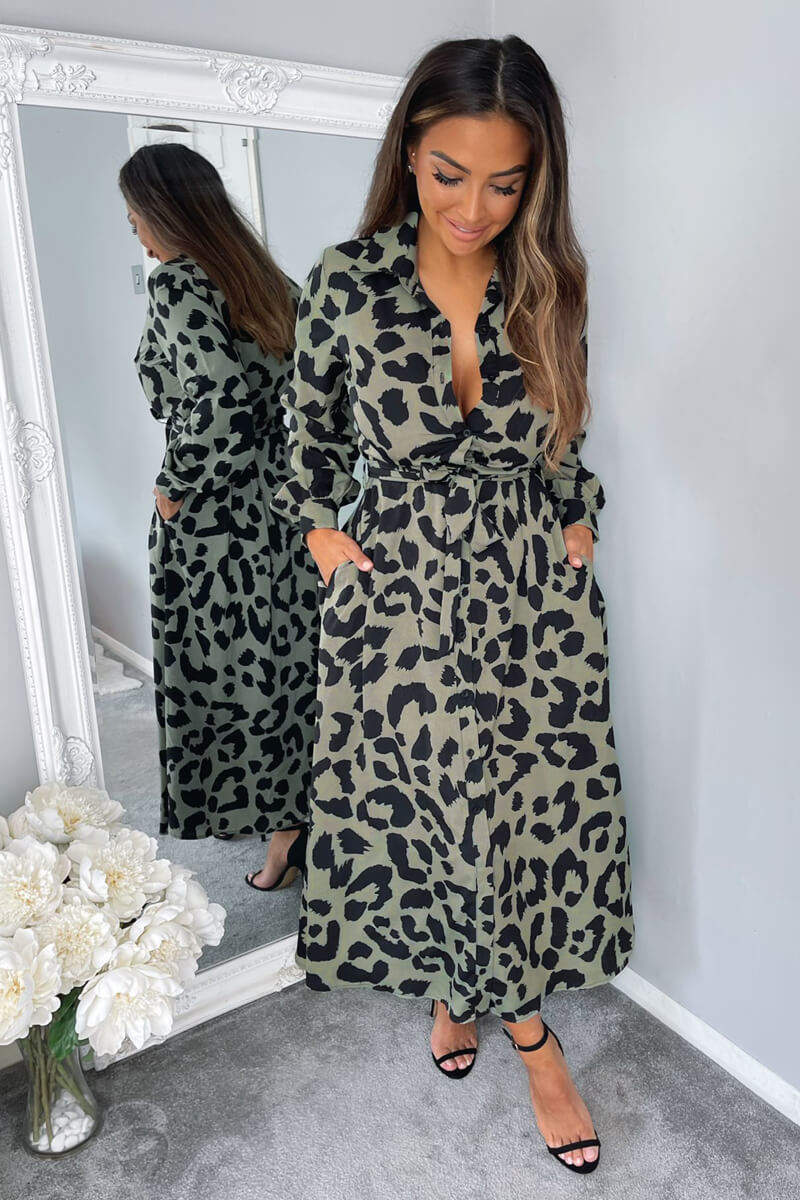 Khaki Animal Print Button Up Midi Dress - Swimclubus