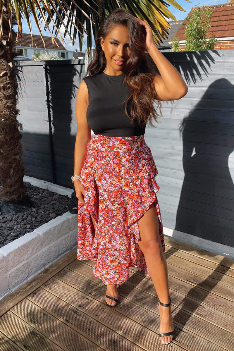 Red Printed Skirt 2 in 1 Midi Dress - Swimclubus