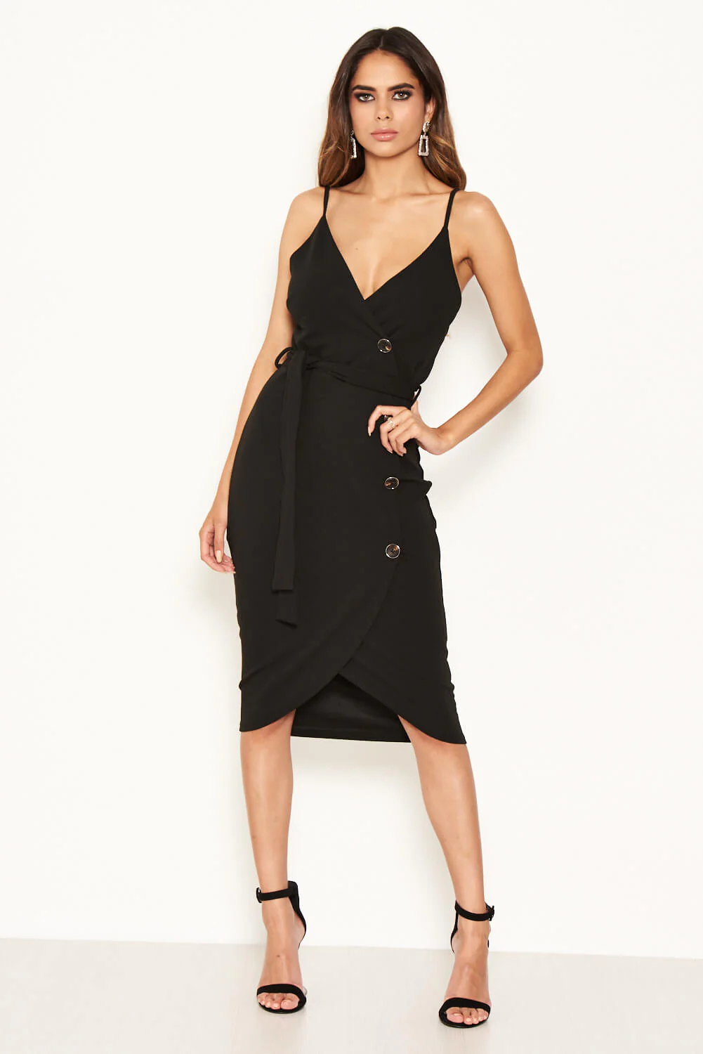 Black Button Front Detail Bodycon Midi Dress - Swimclubus