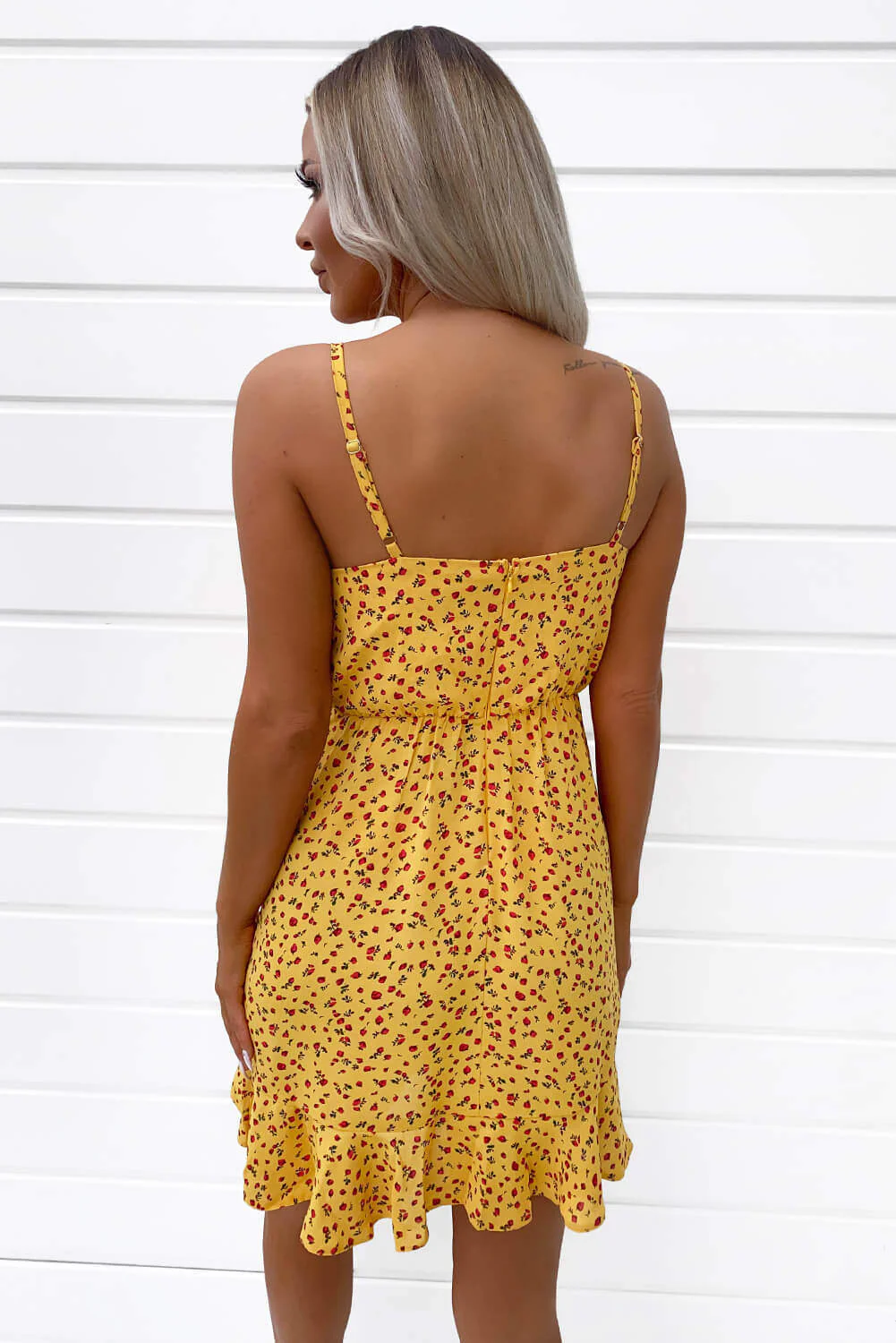 Yellow Floral Printed Frill Dress - Swimclubus