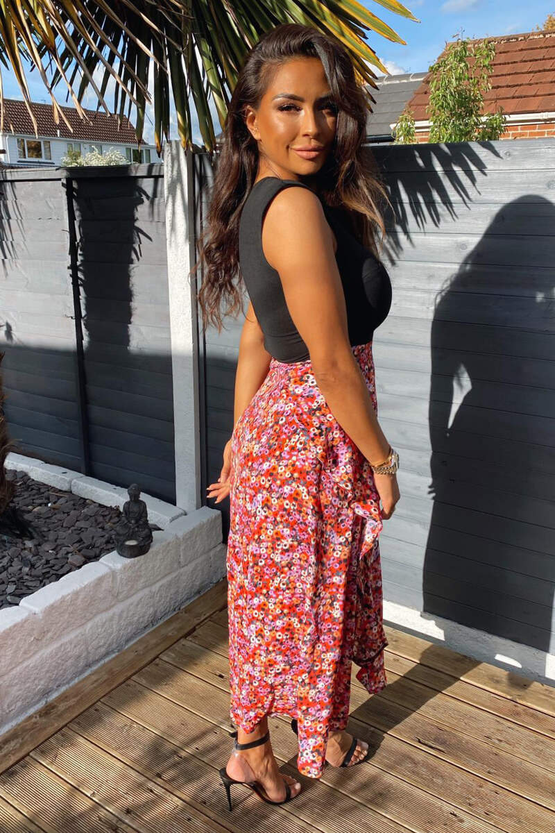 Red Printed Skirt 2 in 1 Midi Dress - Swimclubus