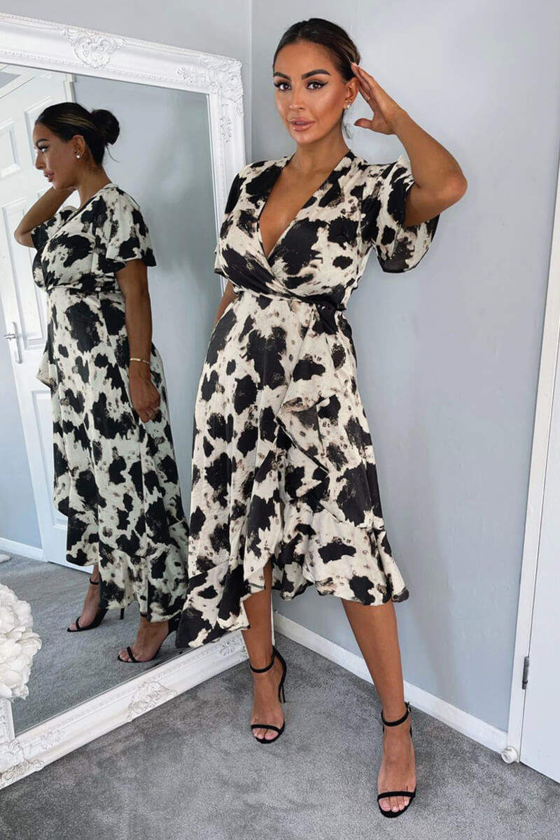 Black And Stone Abstract Print Wrap Midi Dress - Swimclubus