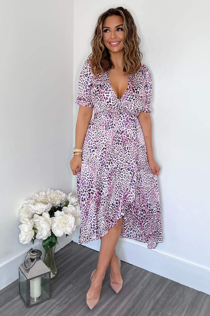 Pink Animal Print Wrap Side Tie Midi Dress - Swimclubus