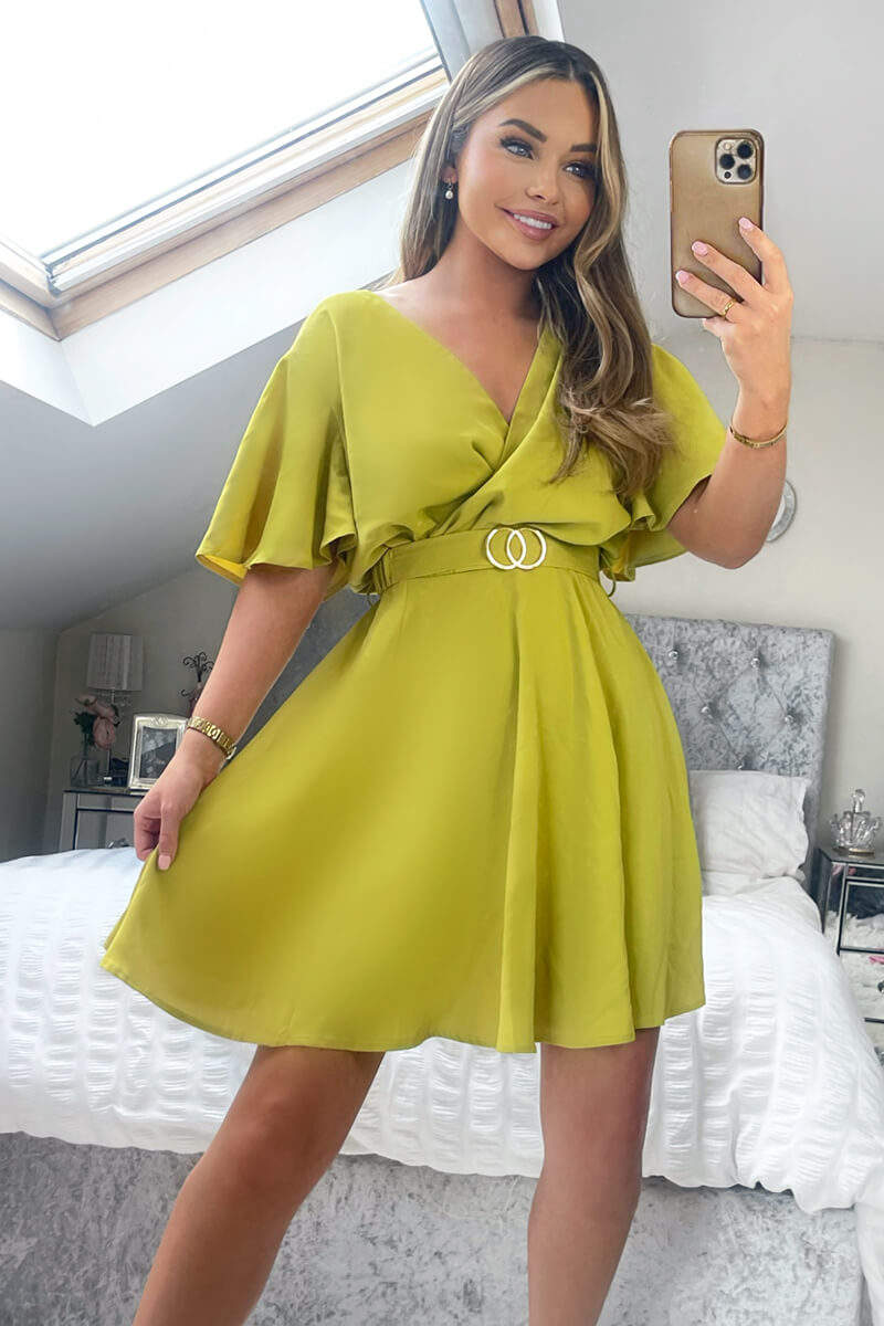Lime Wrap Over Belted Skater Dress With Short Sleeves - Swimclubus
