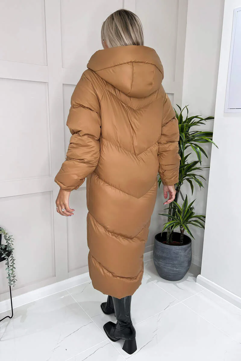 Camel Hooded Long Puffer Coat - Swimclubus