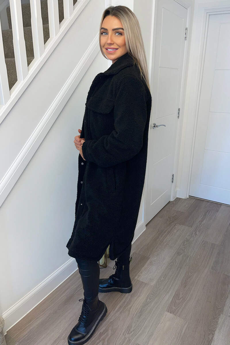 Black Oversized Teddy Faux Fur Front Pocket Coat - Swimclubus