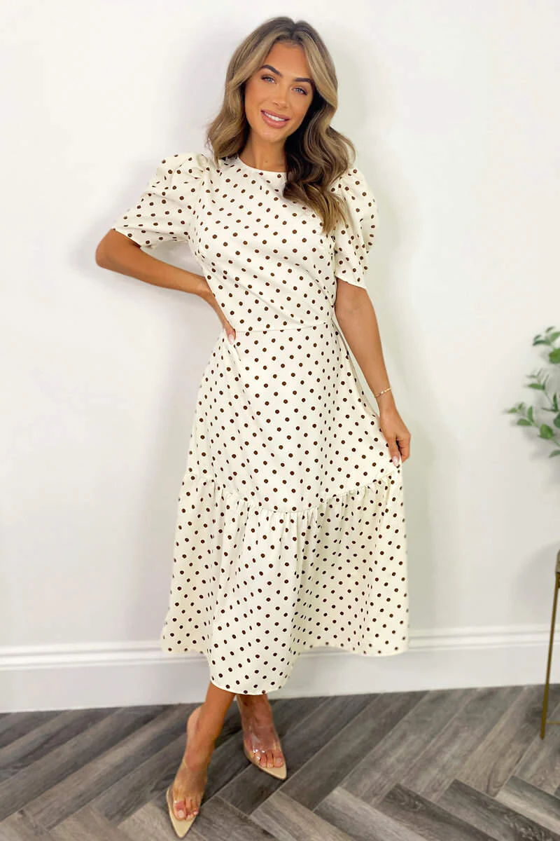 Cream And Brown Polka Dot Midi Smock Dress - Swimclubus