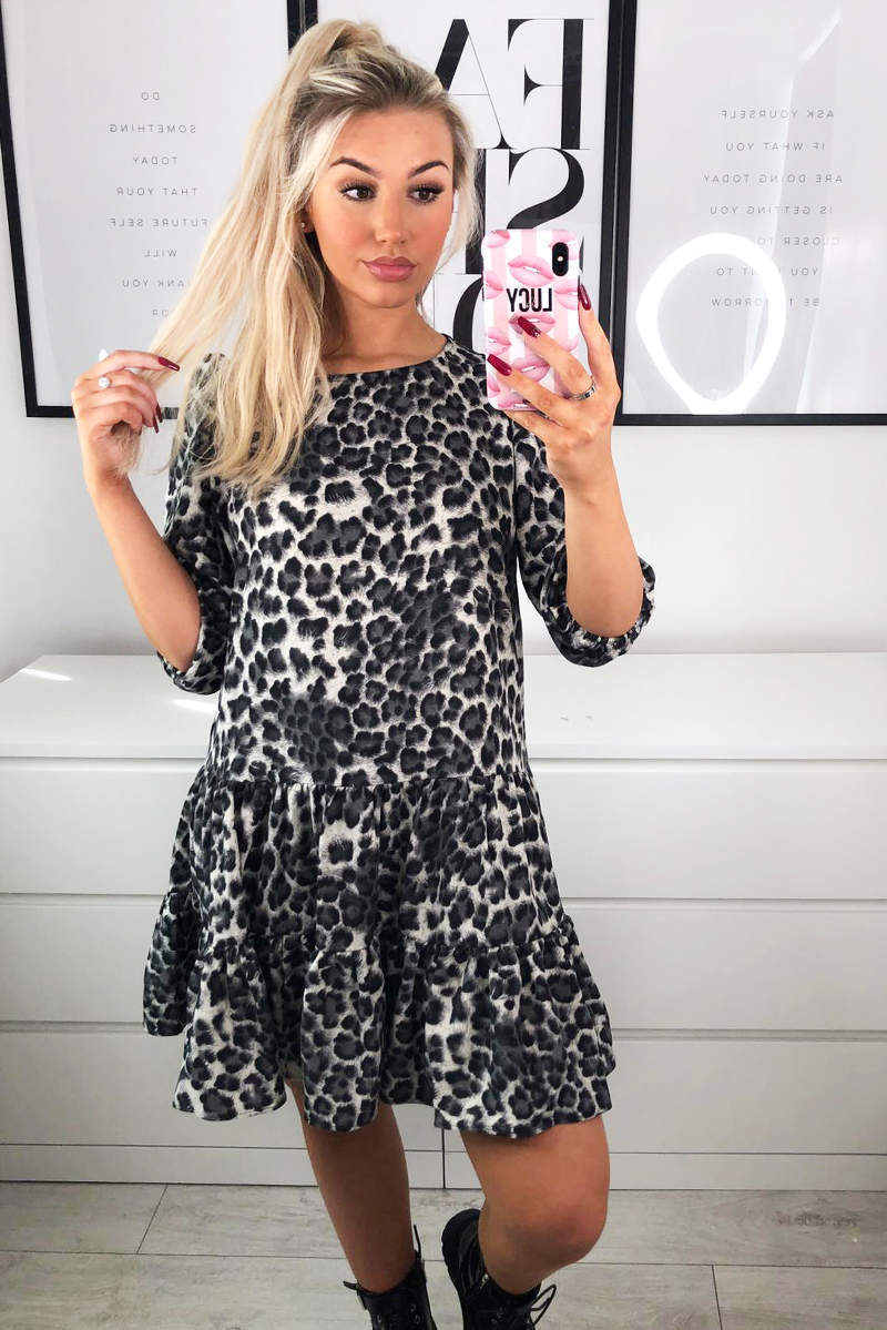 Grey Printed Frill Swing Dress - Swimclubus