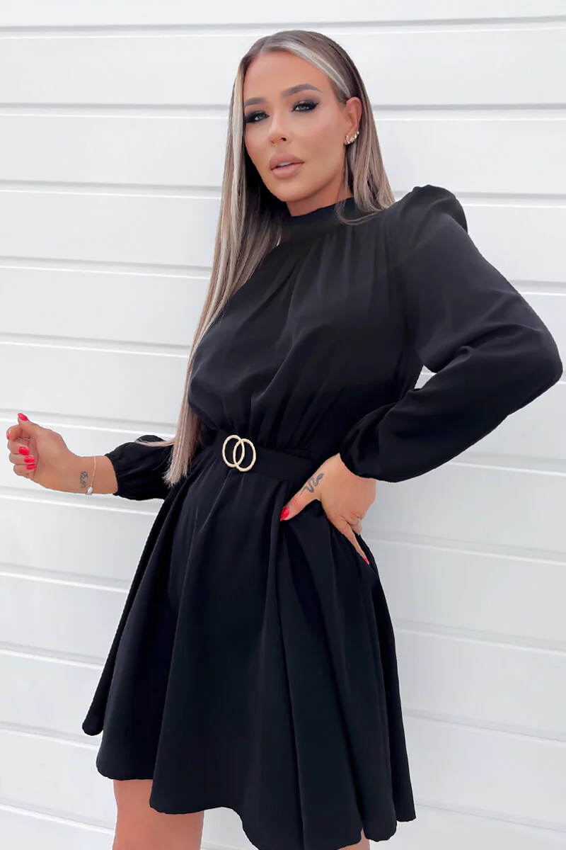 Black High Neck Long Puff Sleeve Belted Skater Dress - Swimclubus