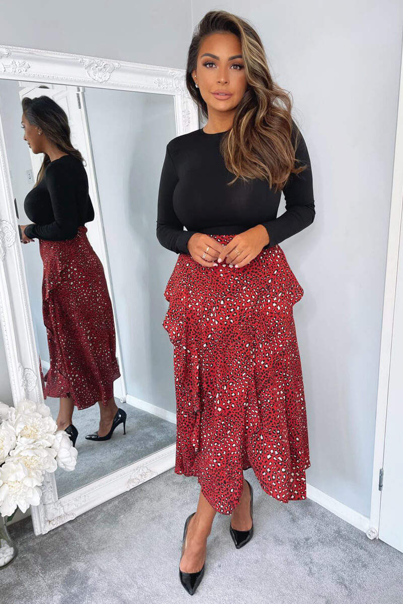 Black And Red 2 in 1 Animal Printed skirt Midi Dress - Swimclubus