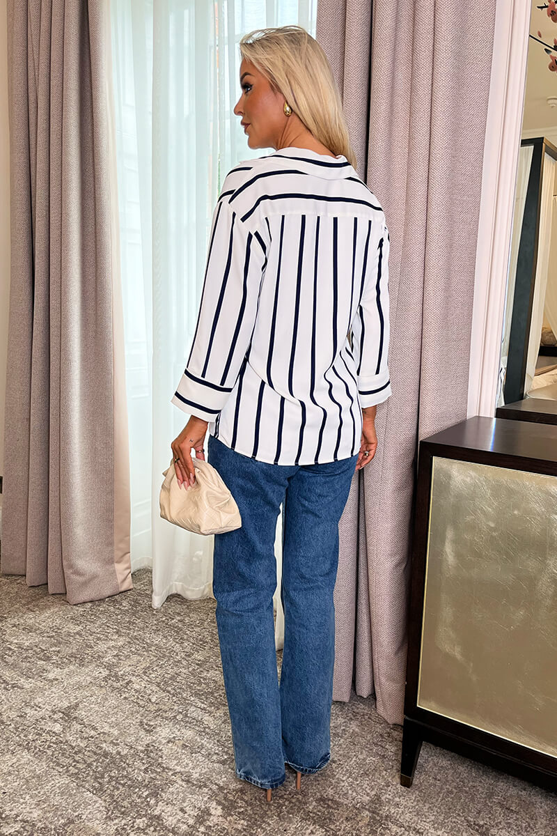 Cream And Navy Striped 3/4 Sleeve Shirt - Swimclubus