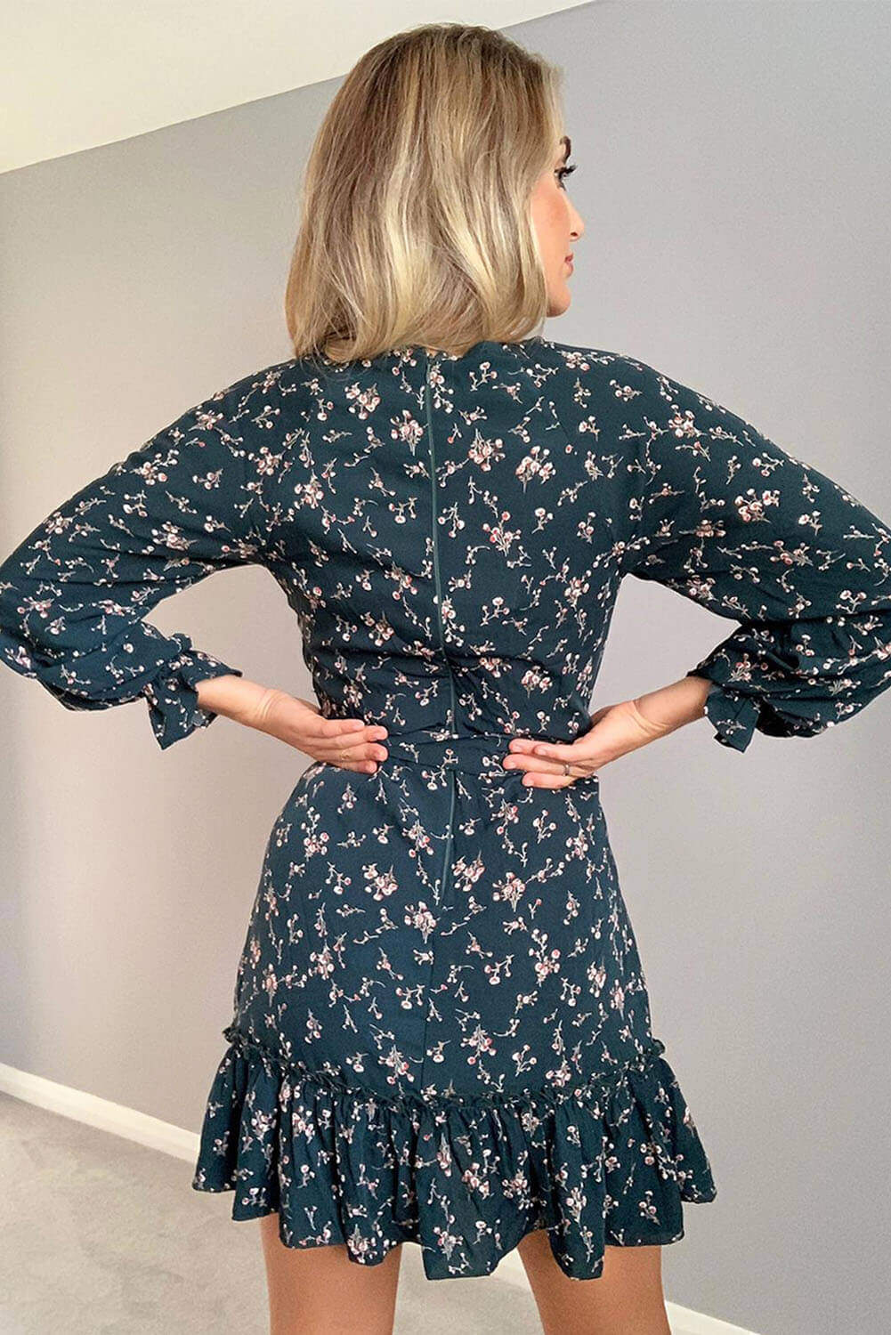 Teal Floral Frill Tie Waist Dress - Swimclubus