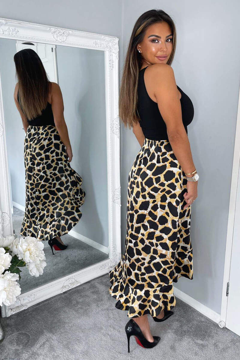 Black Animal Print 2 in 1 Dipped Hem Midi Dress - Swimclubus