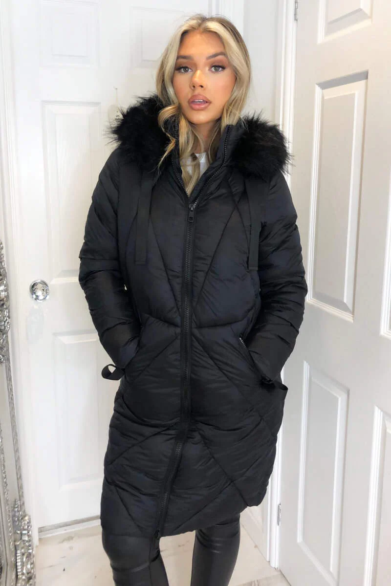 Black Faux Fur High Shine Coat - Swimclubus