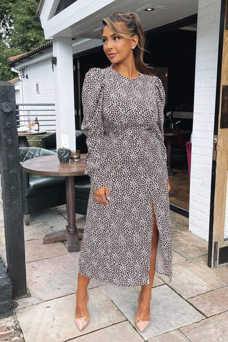 Brown Printed Long Sleeve Split Leg Midi Dress - Swimclubus