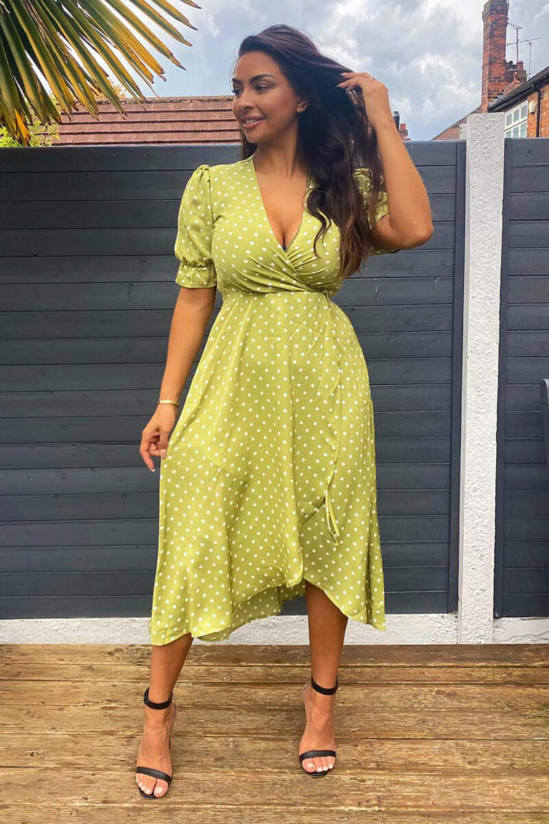 Olive Polka Dot Puff Sleeve Wrap Midi Dress - Swimclubus
