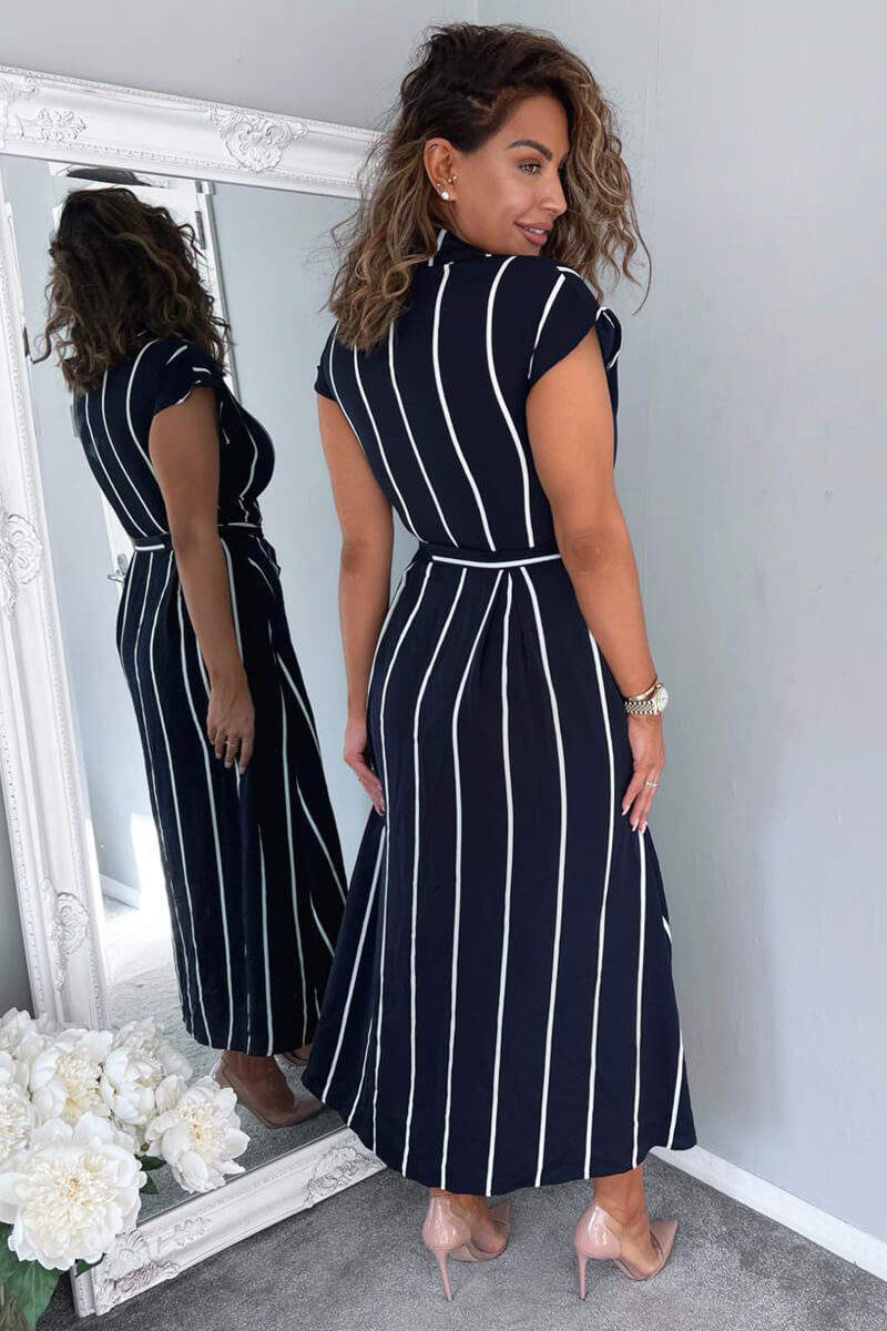 Navy Striped Short Sleeve Midi Shirt Dress - Swimclubus